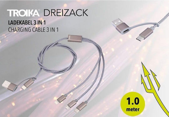 Troika CBL30 Geflochten USB zu Blitzschlag / Typ-C,TC-TC / Micro-USB Kabel Gray 1m