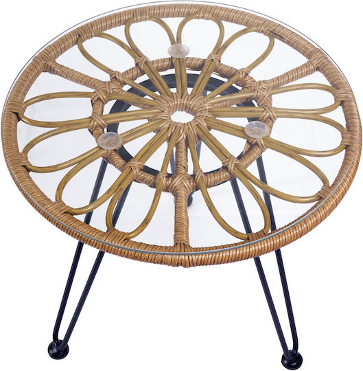Totem Sitting Room Outdoor Free Standing Table with Glass Surface and Metal Frame Natural 50x50x47cm