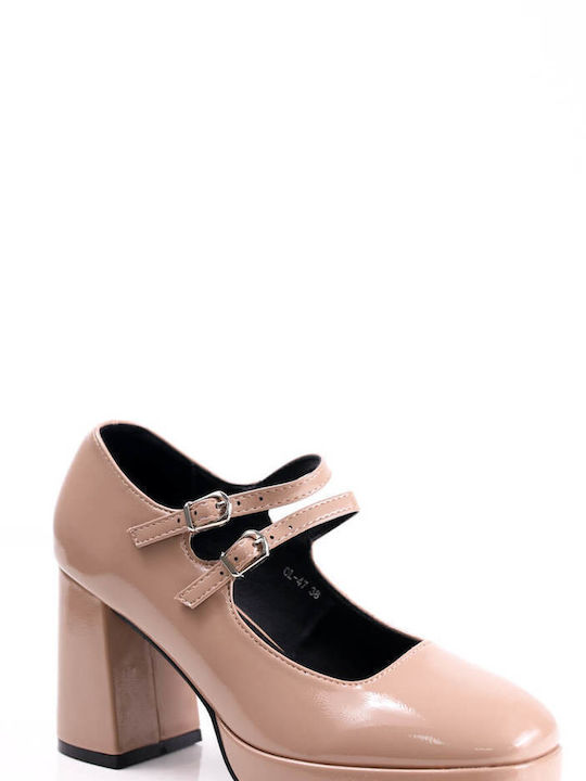 Ligglo Patent Leather Beige Heels with Strap