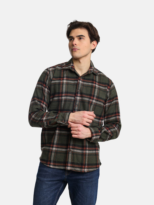 Paco & Co Men's Shirt Long Sleeve Cotton Checked Khaki