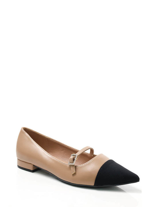 Ligglo Fabric Pointy Ballerinas with Strap Beige