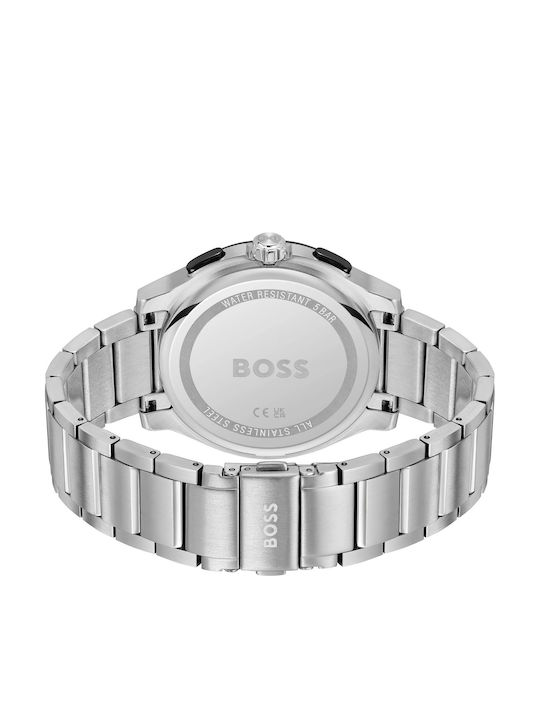 Boss Peak Ανδρικό Ρολόι 45mm Χρονογράφος Μπαταρίας με Ασημί Μεταλλικό Μπρασελέ