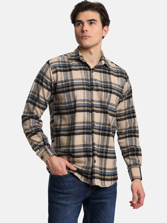 Дълъг Ръкав Фланелено Overshirt с Прекалено Голяма Линия Каре Бежов