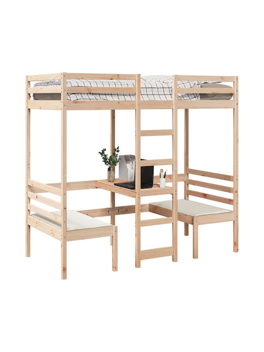 Pat pentru Copii Loft Bed Single cu Birou Bej pentru Saltea 75x190cm