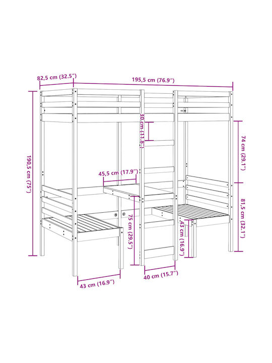 Pat pentru Copii Loft Bed Single cu Birou Bej pentru Saltea 75x190cm