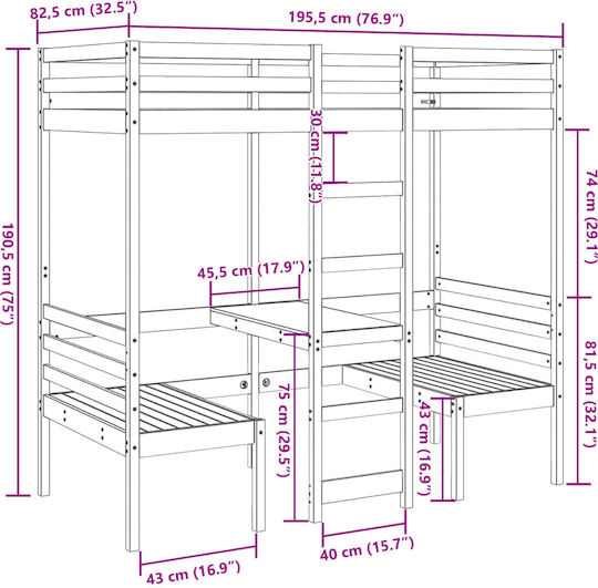 Kids Bed Loft Bed Single with Desk Beige for Mattress 75x190cm