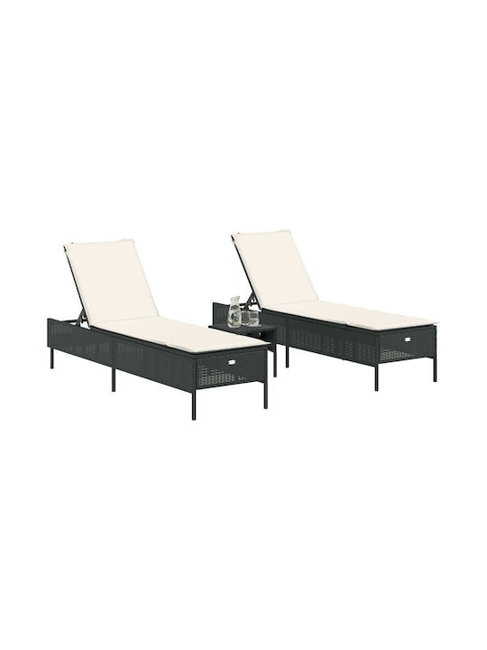 Deckchair Rattan with Cushion Black with Table 3pcs 198x55x39cm.