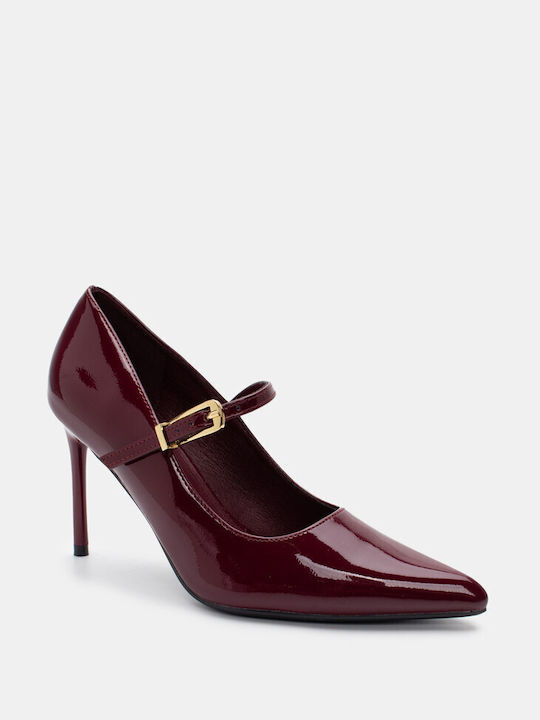 Luigi Patent Leather Pointed Toe Burgundy High Heels with Strap