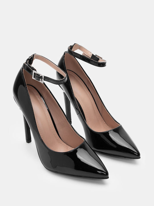 Luigi Patent Leather Pointed Toe Black High Heels with Strap