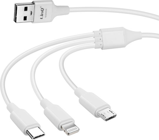 LinQ Regular Cablu USB la Lightning / Type-C / micro USB cu mai multe porturi 5A Alb 1.2m (QC20W05)