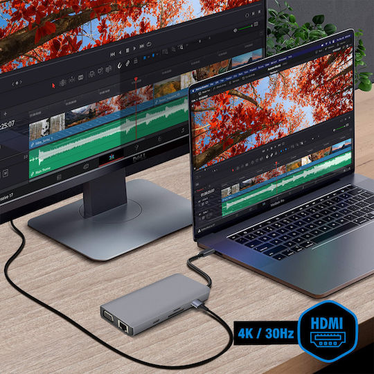 Akashi USB-C Докинг станция с HDMI 4K PD Етърнет и свързване 2 монитора Сив (ALTHUB9IN1TC)