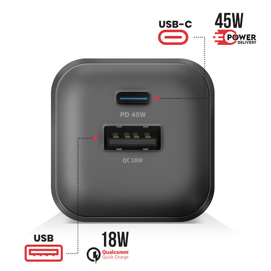 Swissten Φορτιστής Χωρίς Καλώδιο GaN με Θύρα USB-A και Θύρα USB-C 45W Power Delivery / Quick Charge 3.0 Μαύρος (22071310)
