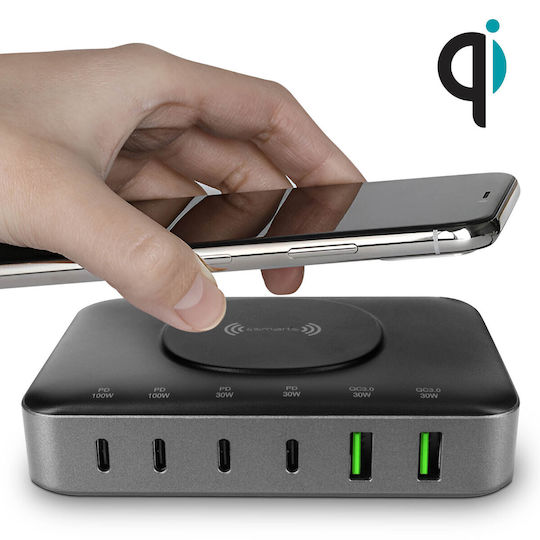 4Smarts Ladestation GaN mit 2 USB-A Anschlüsse und 4 USB-C Anschlüsse 100W Stromlieferung / Schnellaufladung 3.0 in Schwarz Farbe (4S469631)