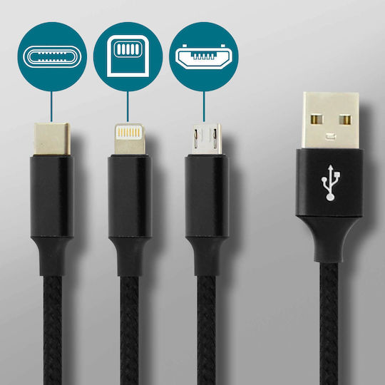 Moxie Плетена USB към Lightning / Type-C / micro USB Кабел 3Спецификация Черен 1м (DATA3EN1BLACK)