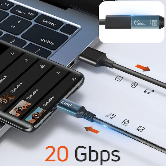 LinQ Braided USB 2.0 Cable USB-C male - USB-C female 100W PD Γκρι 1.2m T20G1