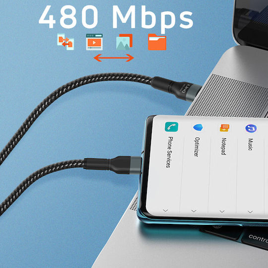 LinQ Плетен USB 2.0 Кабел USB-C Мъжки - USB-C 60W Захранване PD Черен 3м TPC-300