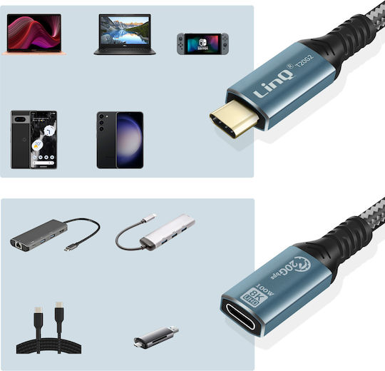 LinQ Braided USB 2.0 Cable USB-C Male - USB-C Female 100W PD Gray 2m T20G2