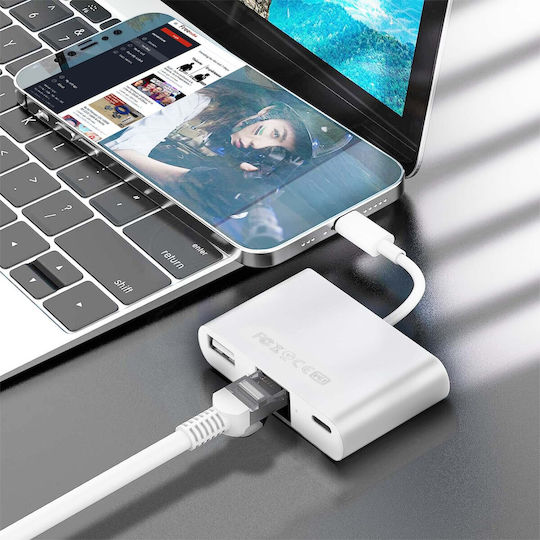Avizar Convertor Lightning Masculin în Ethernet / USB-A / USB-C Feminin Alb 1 Bucată ADA-3100M-IP5