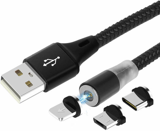 Avizar LED USB to Lightning / Type-C / micro USB Cable 2.4A Μαύρο 1.2m (DATA-31-MAG-BK)
