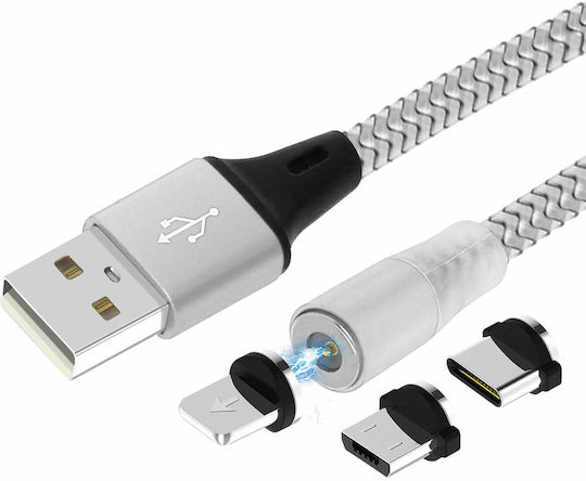 Avizar LED Cablu USB la Lightning / Tip-C / micro USB cu mai multe porturi 2.4A Argintiu 1.2m (DATA-31-MAG-SL)