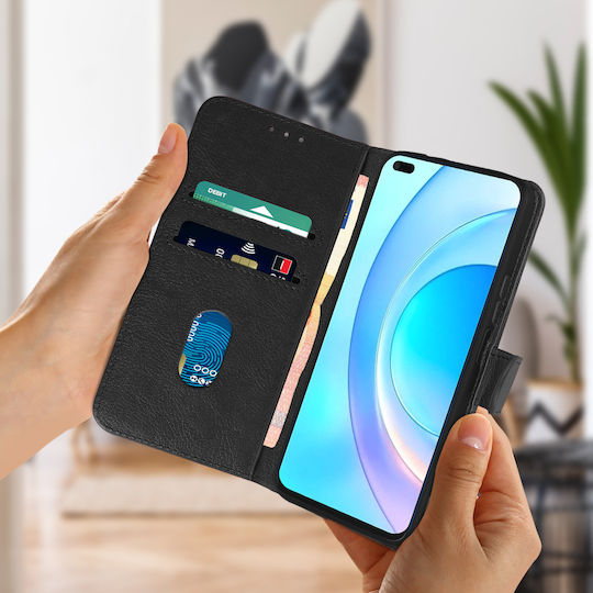 Husă tip portofel Honor 50 Lite cu funcție de suport video, neagră