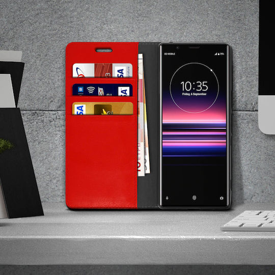Folio Real Leather Sony Xperia 5 Case Card-holder Video Stand Red
