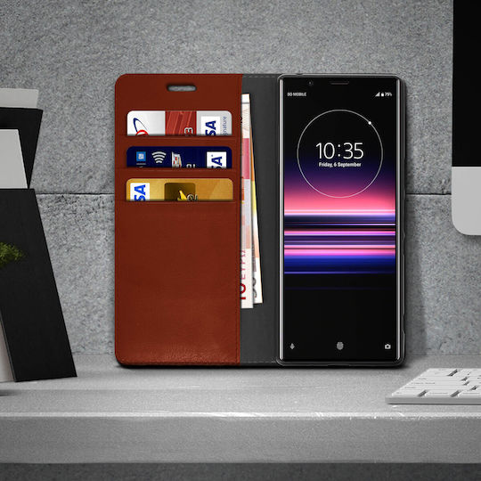 Folio Echtleder Sony Xperia 5 Hülle Kartenhalter Video-Ständer Tan