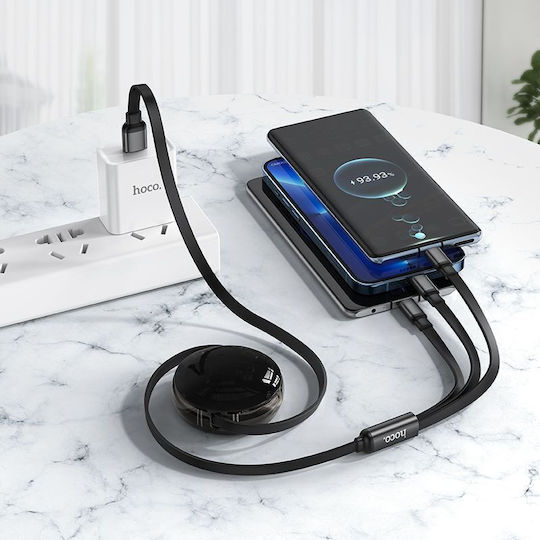 Hoco 3in1 Usb A Retractable USB to Lightning / micro USB / Type-C Cable 2A Μαύρο 1m