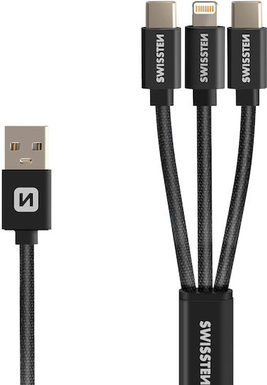 Swissten Braided USB to Lightning / Type-C / micro USB Cable 3A Μαύρο 1.2m 72501103