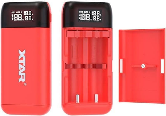 XTAR PB2 USB Battery Charger for 2 Li-ion Batteries of Size 18650 in Red Color