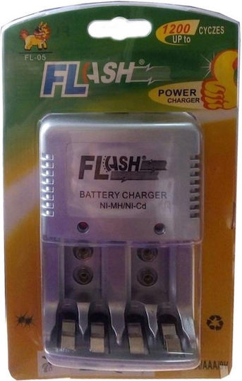 Flash Power FL-05 Charger 2 Batteries Ni-Cd/Ni-MH Size AA/AAA/9V in Silver color