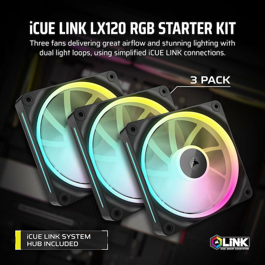 Corsair iCue Link LX120 Case Fan 2400rpm 69.9cfm with RGB Lighting and 4-Pin PWM Connection 3pcs