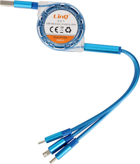 LinQ Retractable USB to Lightning / Type-C / micro USB Cable Μπλε 1m (IP-7893)