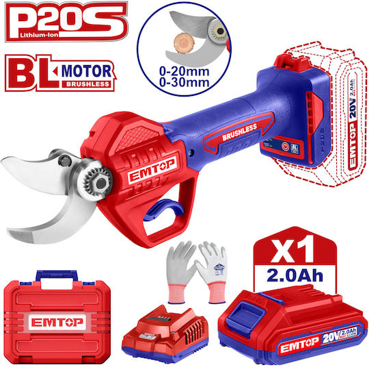 Emtop Baumschere Batterie Bürstenlos 20V 1x2Ah mit Maximalem Schnittdurchmesser 30mm im Transportkoffer