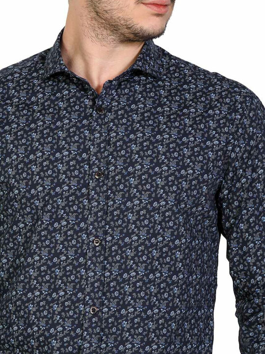 Stefan Fashion Men's Shirt Long Sleeve Linen Floral Navy Blue