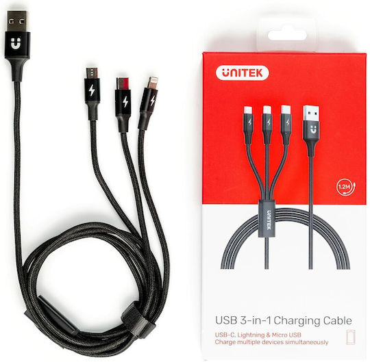 Unitek Braided Cablu USB la Lightning / Type-C / micro USB cu mai multe porturi 2.4A Negru 1.2m (C14049BK)