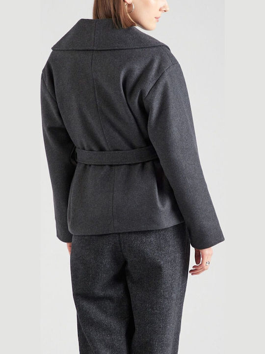 Augusta Γυναικείο Dark Grey Melange Ημίπαλτο με Ζώνη