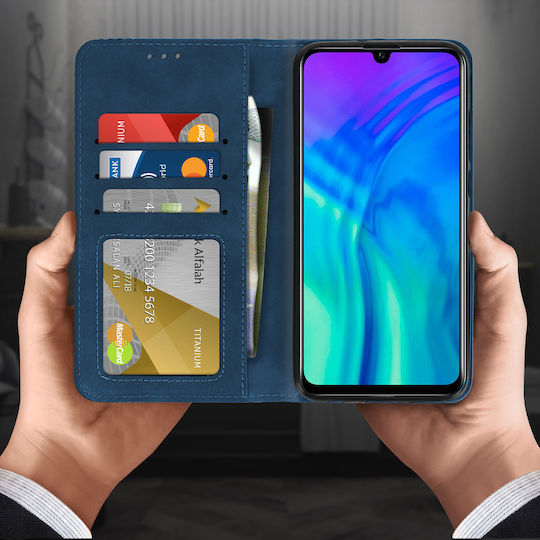 Защитен калъф Honor 20 Lite 20e с държач за карти, кожен, винтидж ефект, син