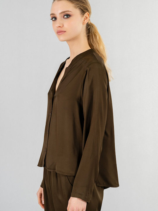 Philosophy Wear Women's Satin Long Sleeve Shirt Taupe