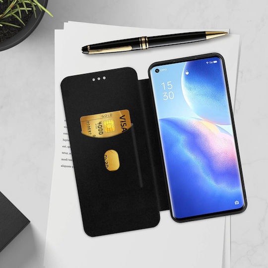Husă tip folio Oppo Reno 5 Pro 5G cu suport pentru carduri și stand efect carbon negru