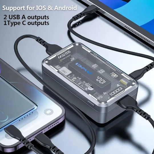 Awei P111K Power Bank 10000mAh 22.5W with 2 USB-A Ports and USB-C Port Silver