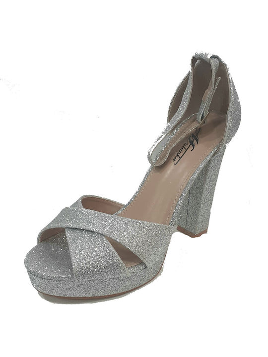 Mulanka Platform Synthetic Leather Women's Sandals Silver with Chunky High Heel