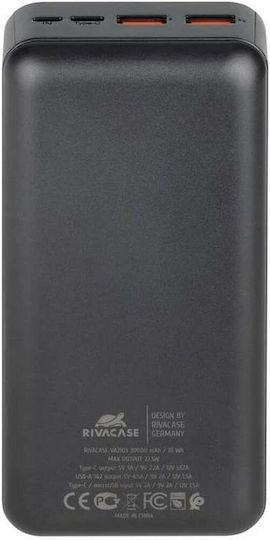 Rivacase VA2103 Power Bank 30000mAh cu Port USB-A și Port USB-C Livrarea energiei / Quick Charge 3.0 Negru