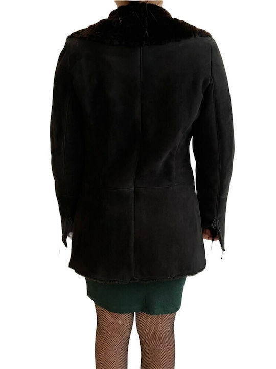 MARKOS LEATHER Women's Mouton Coat with Buttons Black