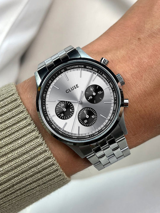 Cluse Ανδρικό Ρολόι 42mm Μπαταρίας με Ασημί Μεταλλικό Μπρασελέ