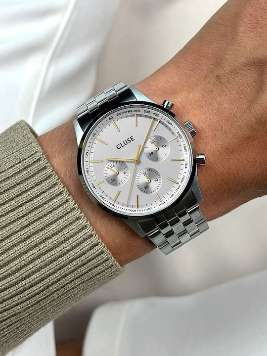 Cluse Ανδρικό Ρολόι 42mm Μπαταρίας με Ασημί Μεταλλικό Μπρασελέ