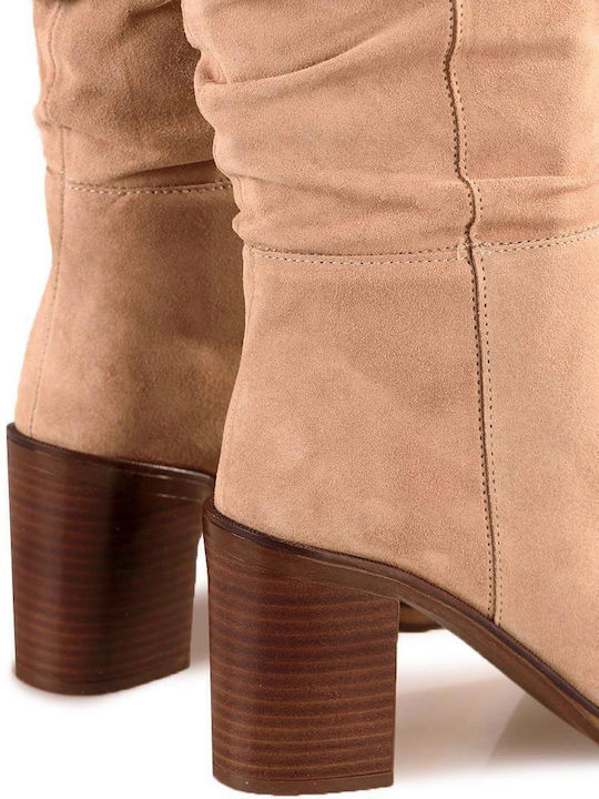 Wildleder Damenstiefel mit hohem Absatz Beige