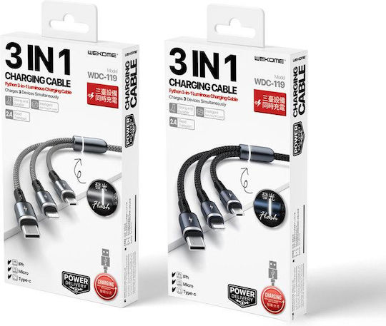 WK Series Braided Cablu USB la Lightning / Type-C / micro USB cu mai multe porturi 2.4A Gri 1.2m (WK-WDC-119_SILVER)