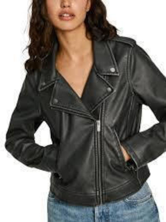 Pepe Jeans Women's Short Lifestyle Leather Jacket for Winter Black