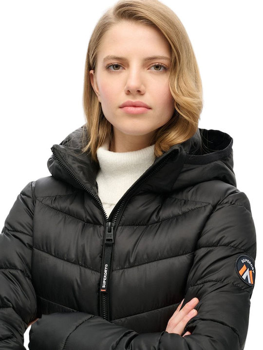 Superdry Women's Short Puffer Jacket for Winter with Hood Black